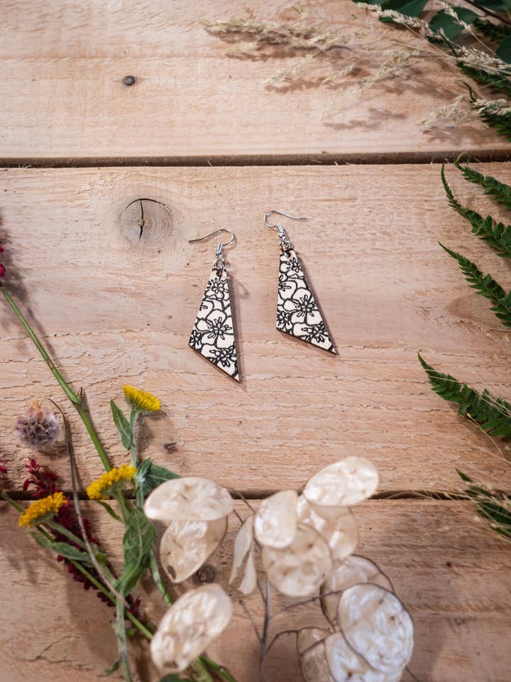 Handprinted Wooden Earrings for wholesale by Beth Lewis Art