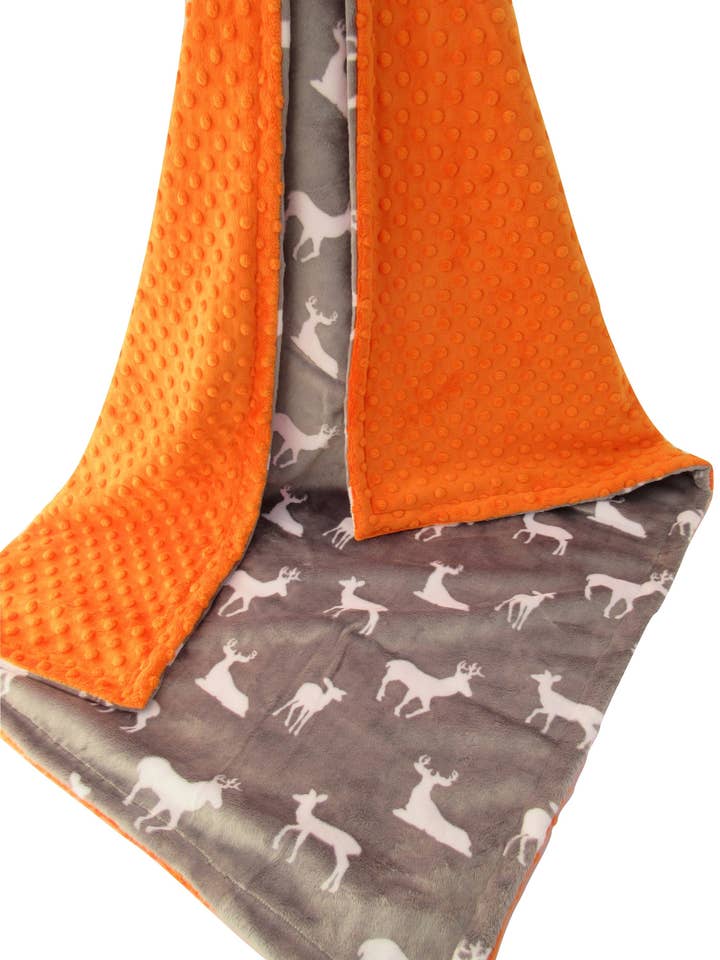 Orange & Gray Deer Minky Dot Camo Hunting Baby Blanket for wholesale by Minkee Baby Gifts