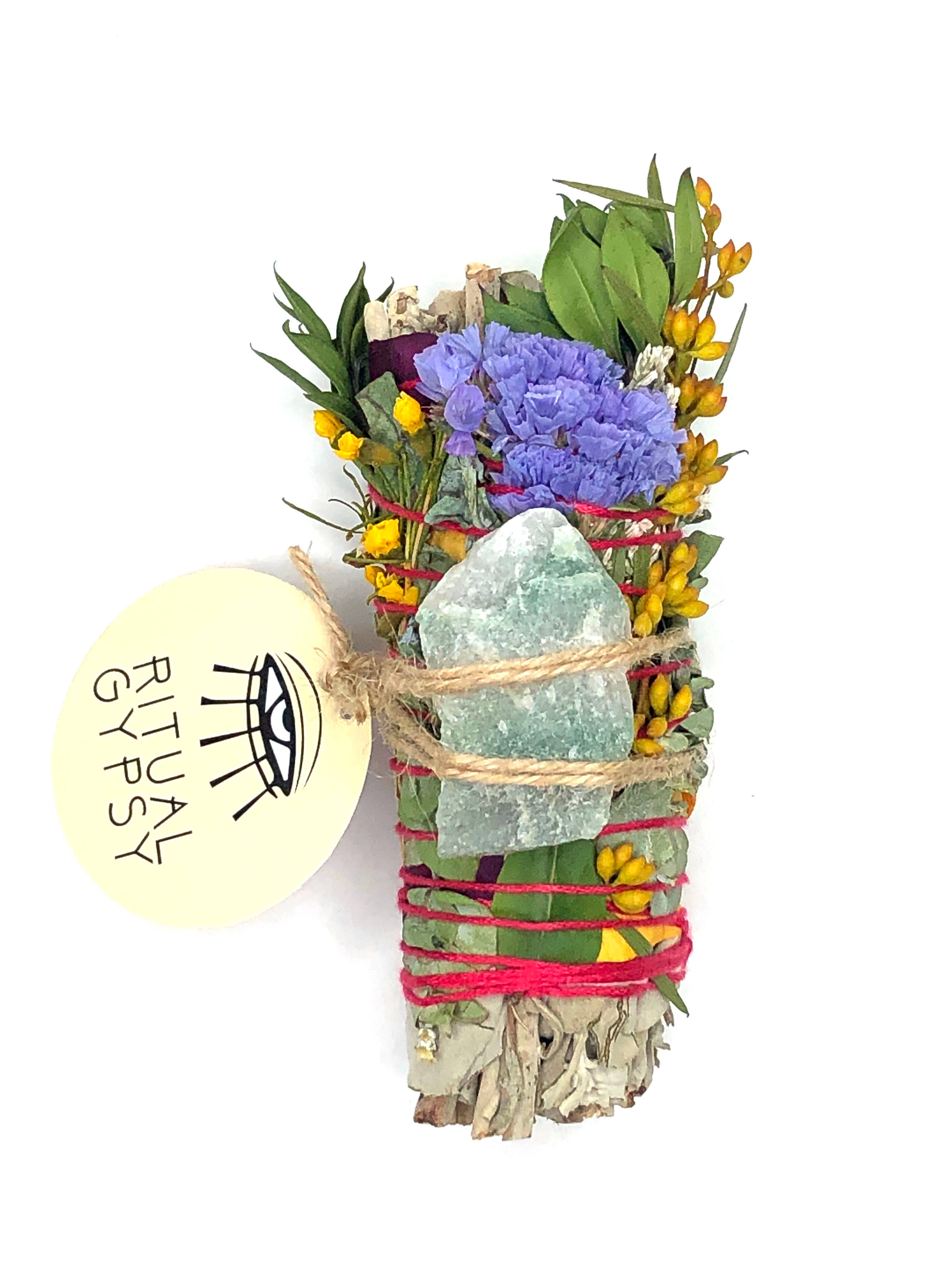 RITUAL GYPSY SAGE WANDS - Vendita all'ingrosso Salvia - BACCHETTE RITUALI SALVIA DA 4" (24 OPZIONI DI CRISTALLO)24
