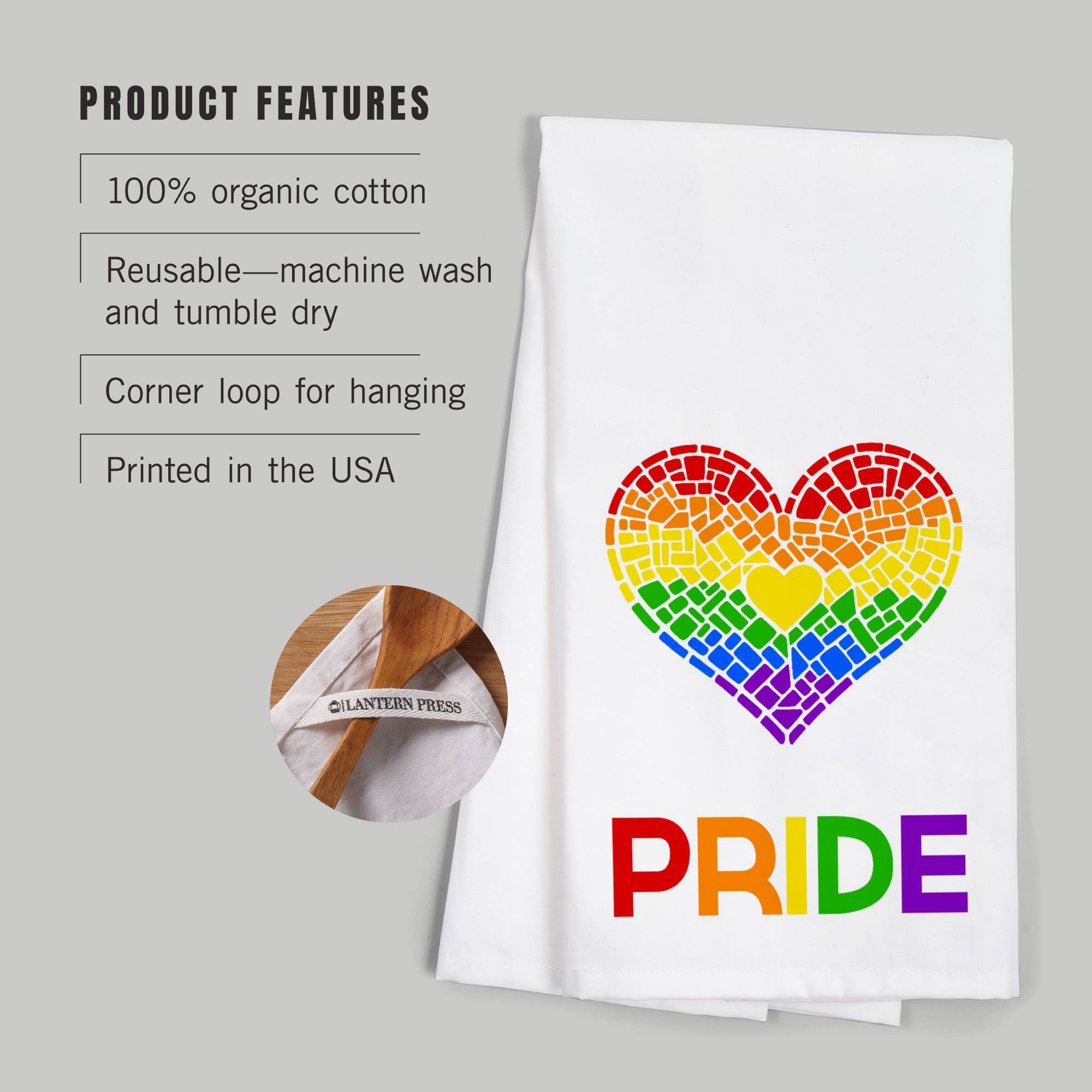 Lantern Press - Wholesale Tea Towel - ORGANIC TEA TOWEL Gay Pride, Mosaic Heart, Pride Colours2