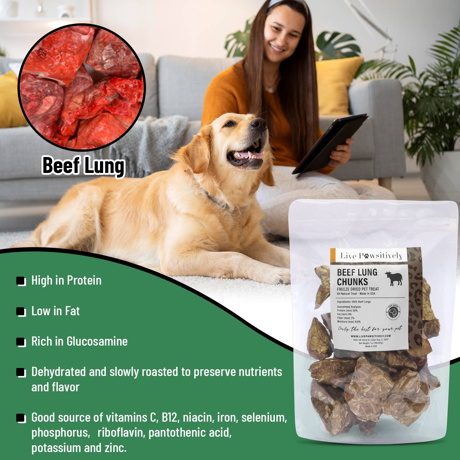 Live Pawsitive - Wholesale Pet Treats - Dog - Beef Lung Chunks 7oz package2