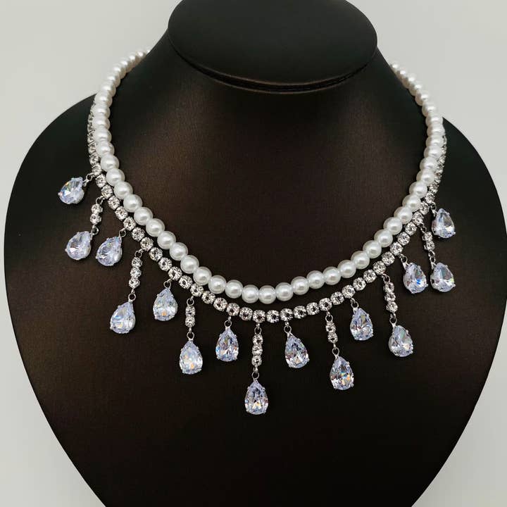 Pearl Rhinestone Double Layer Chain Glass Charm Choker for wholesale by Mio Queena