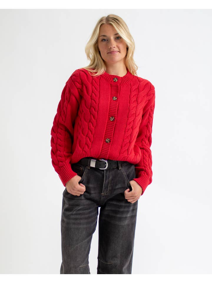 Schmancy Cable Knit Red Button Down Sweater Cardigan for wholesale on Faire0