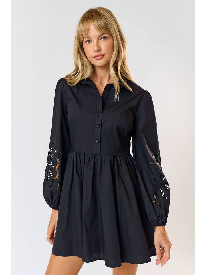 Lalavon - Wholesale Dress - Women's - ILD4198 EMBROIDERED FLORAL BUTTON UP FLARED MINI DRESS