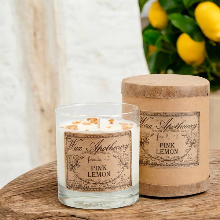Pink Lemon Botanical Candle in Scotch Glass in Gift Box 7oz for wholesale by Wax Apothecary