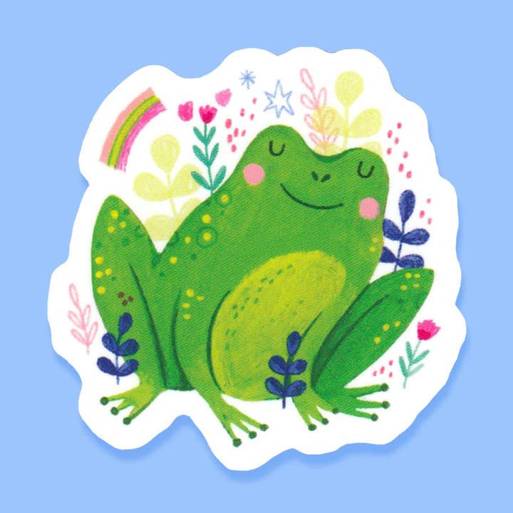 Frosch Regenbogen Gestanzter Sticker 3x3 (niedlich, Cottagecore, Natur) für den Großhandel von Natalie Briscoe Illustration