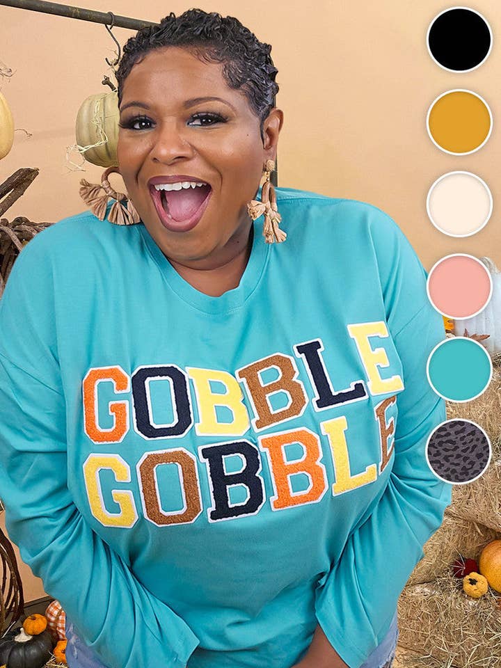 Soft Chenille Gobble Gobble Graphic Boyfriend Long Sleeve T-Shirt for wholesale by Sugar Stitch