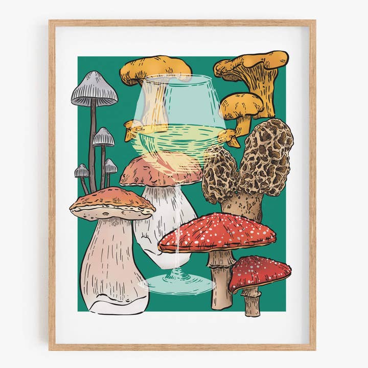 Wine and Mushrooms Art Print for wholesale by Bean Horse Car Designs