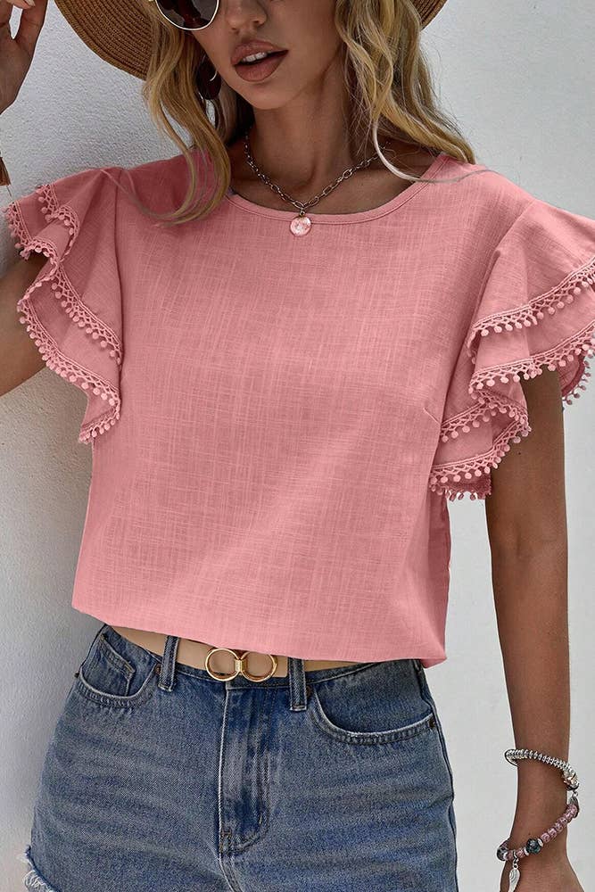 Comely Fashion - Vendita all'ingrosso Camicetta - Donna - Top a girocollo con maniche a balze in tinta unita6