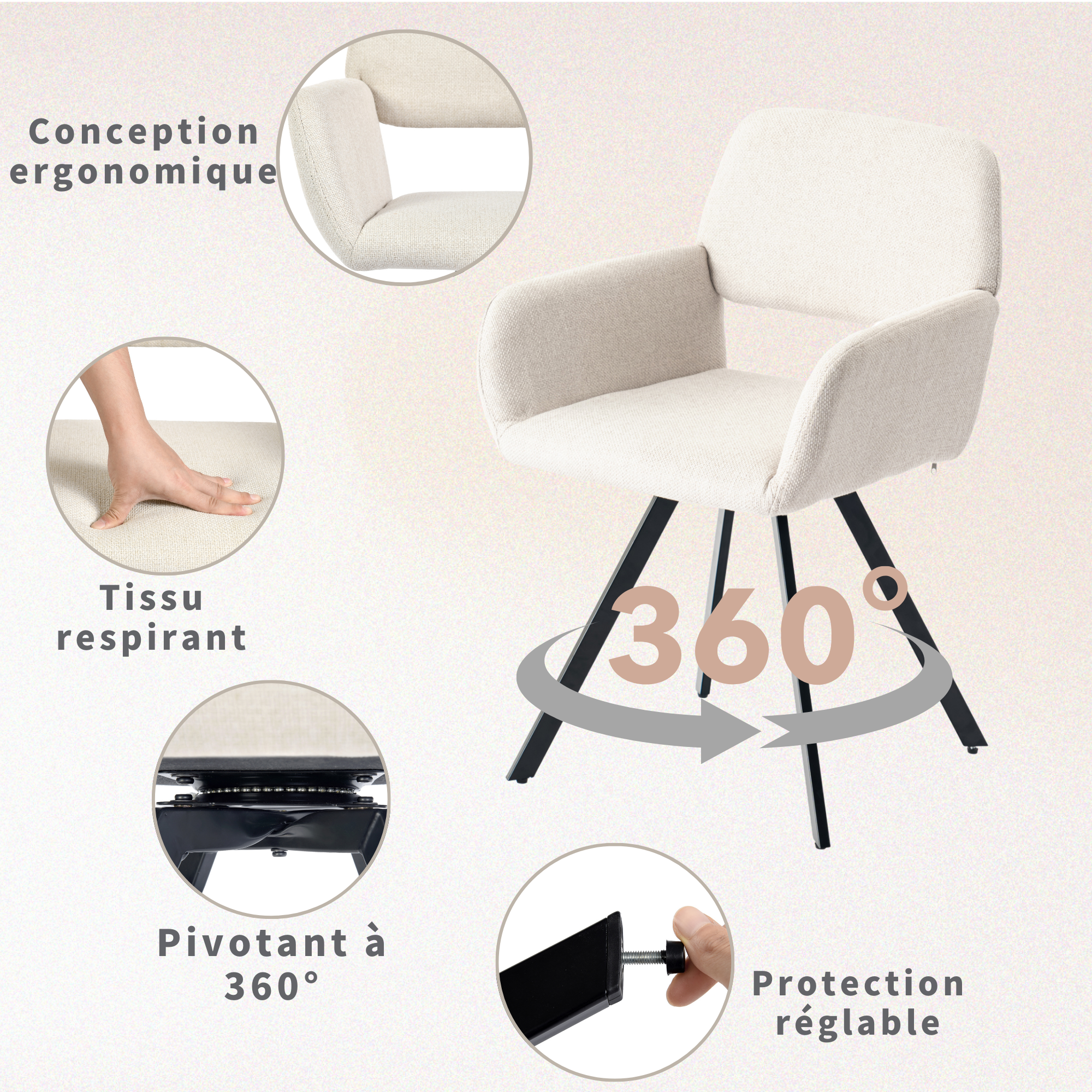 Urban Meuble - Vendita all'ingrosso Sedie - Set di 4 sedie da pranzo scandinave girevoli in tessuto beige CALIFORNIA KD BEIGE SWIVEL X24