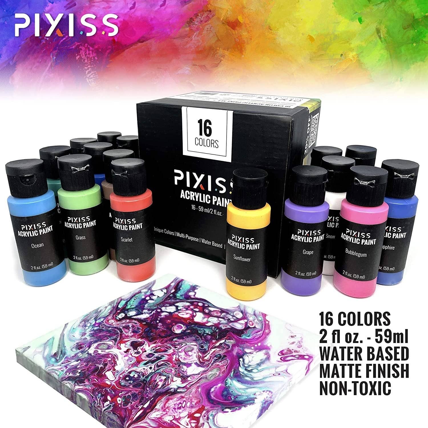 Pixiss - Wholesale Paint Set - Pixiss Acrylic Paints Set of 16 Vibrant Colors4