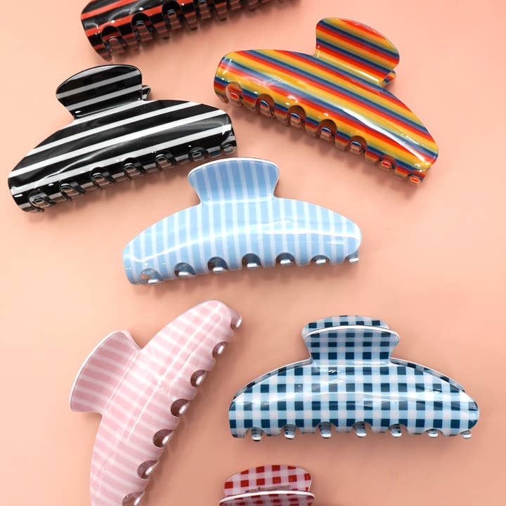 JOSSLYN by wall to wall - Wholesale Hair Clip - Women's - JUMBO STRIPE PLAID OVAL HAIR CLAW CLIPS | 40H10207