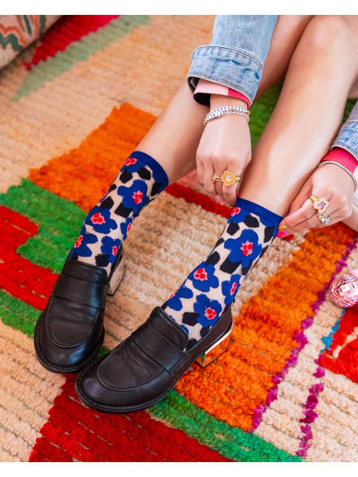 Sock Candy - Wholesale Socks - Women's - Bold Blue Floral Sheer Crew Sock