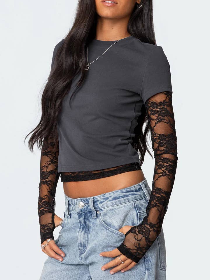 Sexy Floral Lace Sheer Mesh sleeve patchwork t-shirt for wholesale by HIDDENBRAND