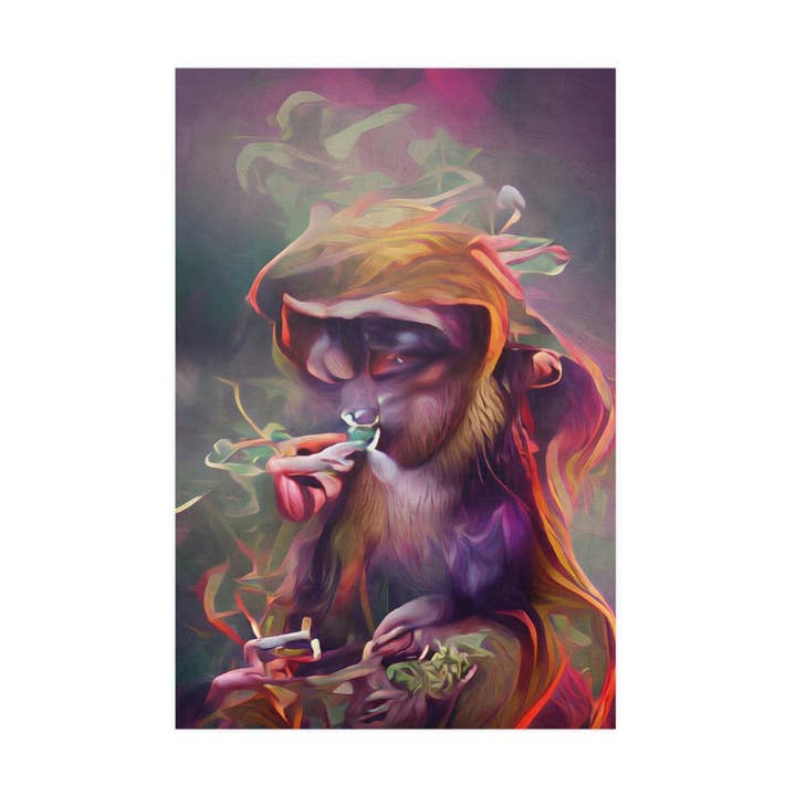 Purple Monkey Smoking Weed Satin Posters for wholesale by Michelle Hoffmann