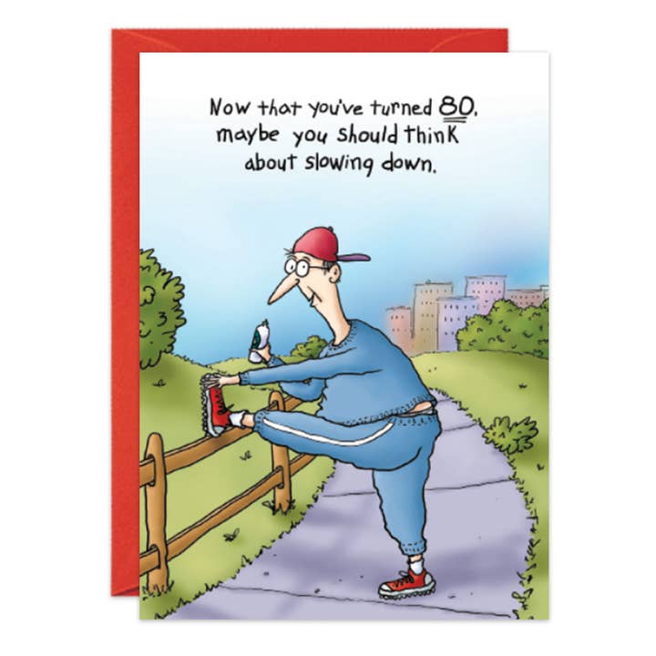 Oatmeal Studios - Wholesale Birthday Card - Stretching 80th Birthday Card