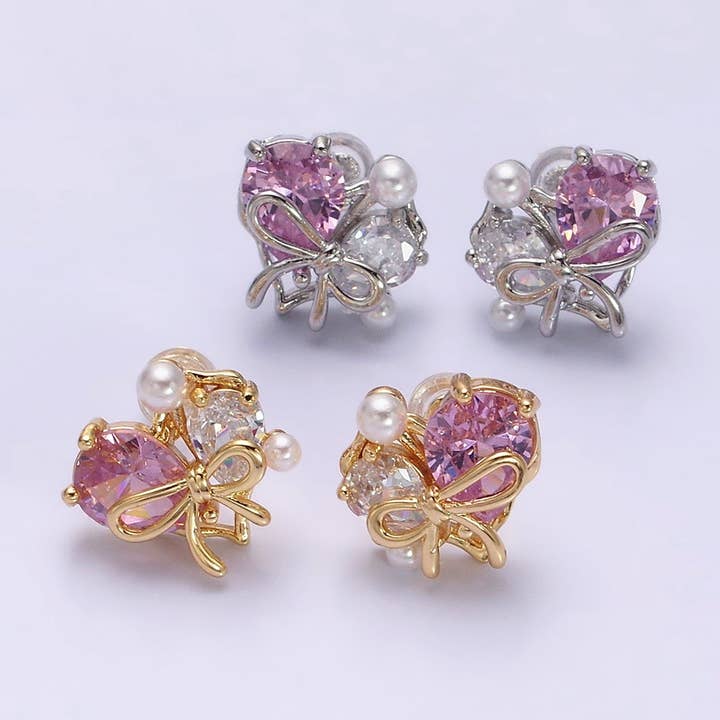 Heart Ribbon Tied Pink Clear Teardrop Pearl Stud Earrings for wholesale by Aim Eternal
