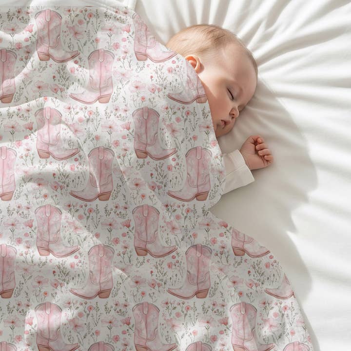 Girls Pink Western Cowboy Boot Nursery Blanket 30X40 for wholesale by Rufflеѕ & Bоwtіеѕ - Affordable Boys & Girls Clothing