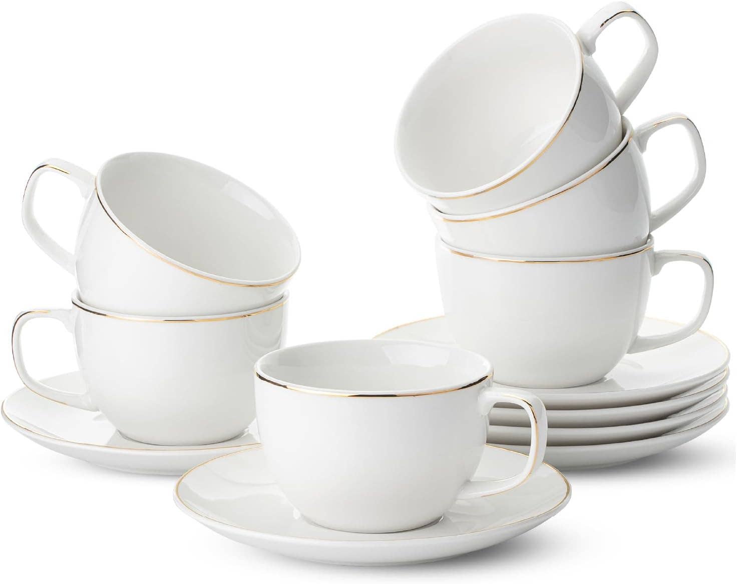Brew To A Tea - Wholesale Tea Set - BTaT- Tea Cups and Saucers with Gold Trim, Set of 6, 7oz0