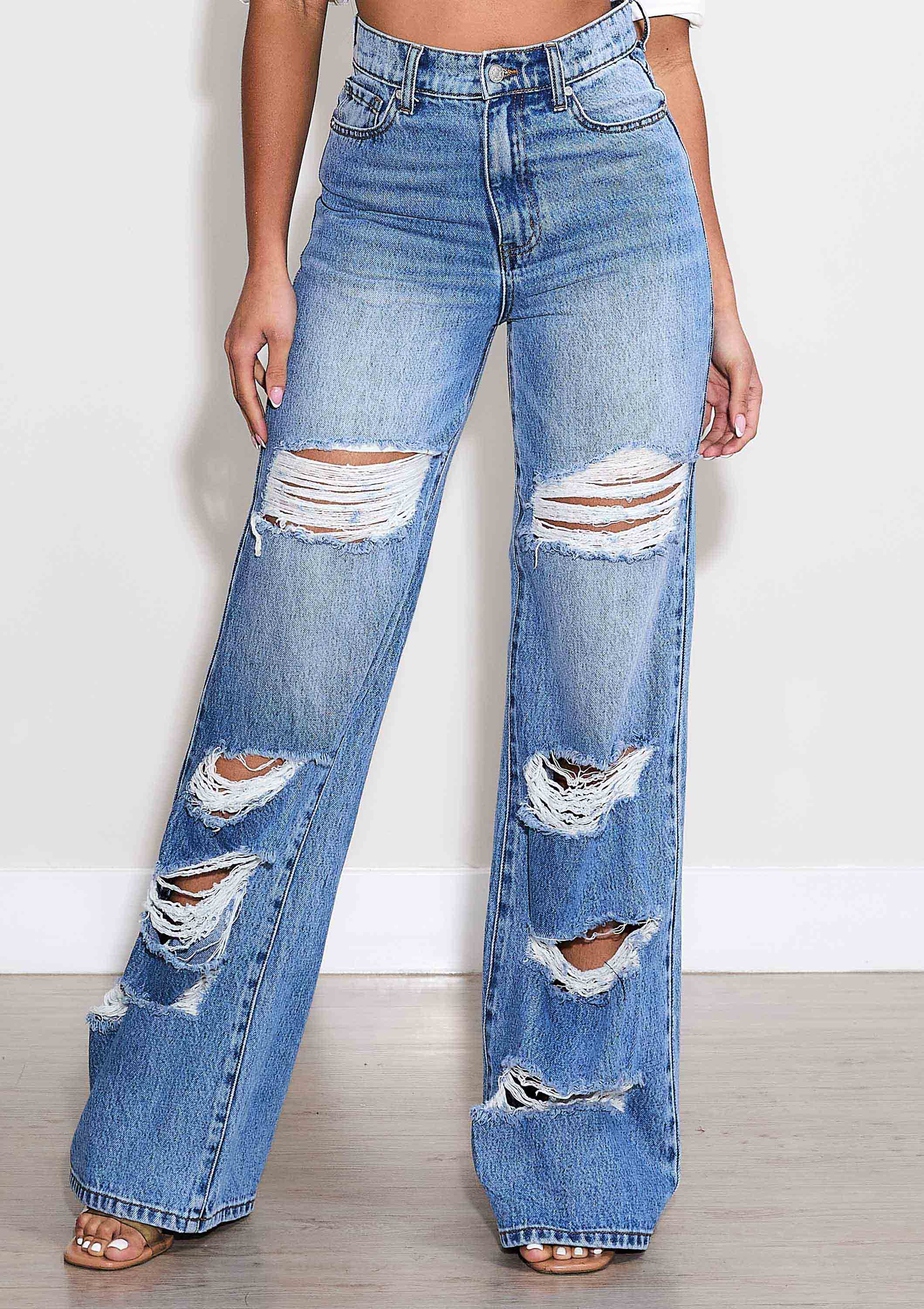 Medium Stone High-Rise Distressed Wide Leg Jeans for wholesale on Faire0