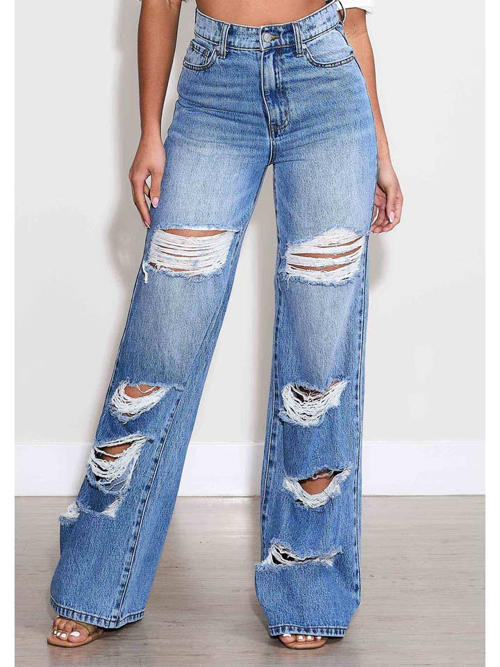 Medium Stone High-Rise Distressed Wide Leg Jeans for wholesale on Faire