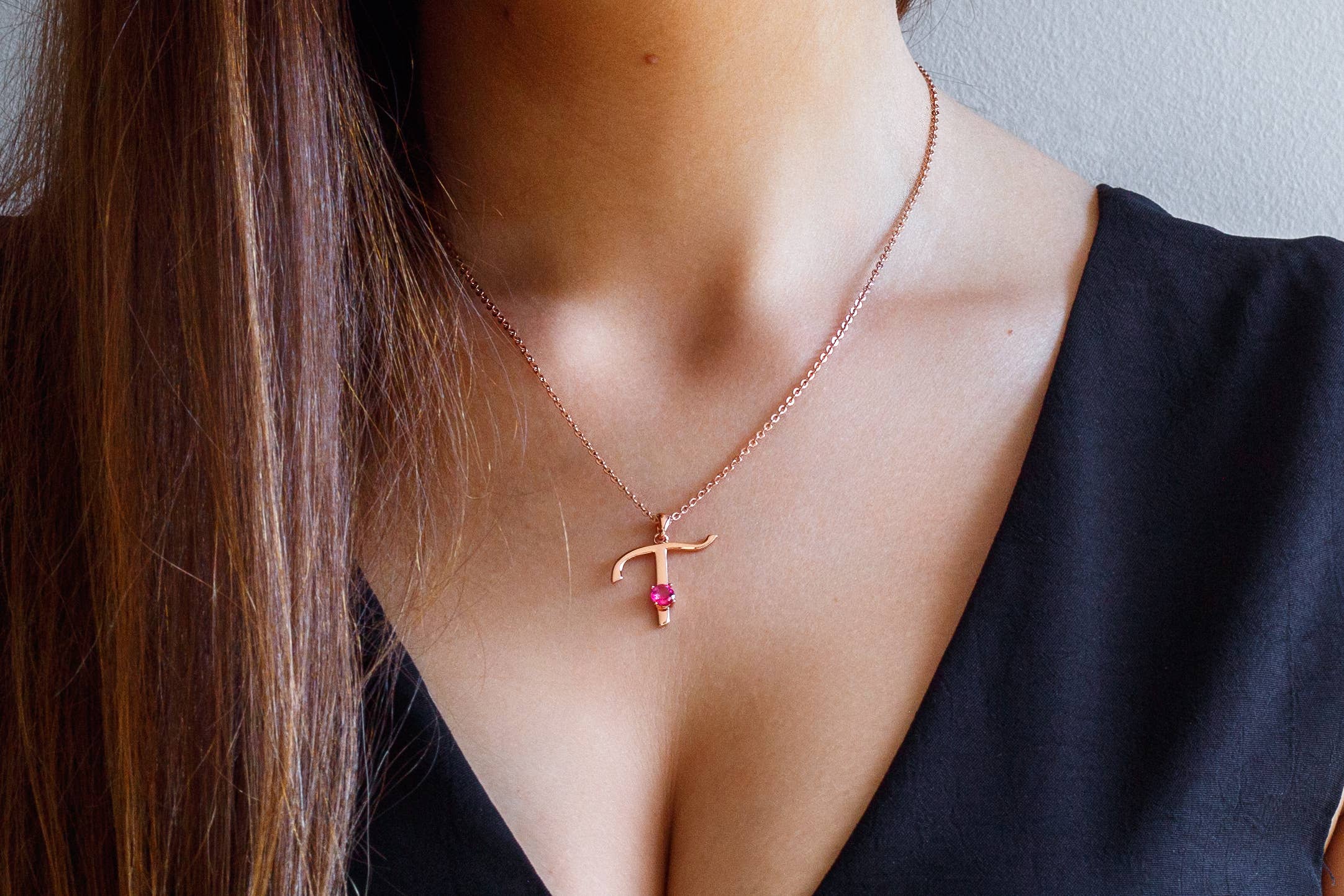 Thesoftcheek Jewelry - Wholesale Pendant/Charm Necklace - Initial Letter Necklace Silver Rose Gold Vermeil- Pink Topaz19