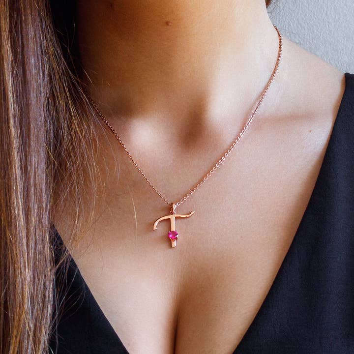 Thesoftcheek Jewelry - Wholesale Pendant/Charm Necklace - Initial Letter Necklace Silver Rose Gold Vermeil- Pink Topaz19