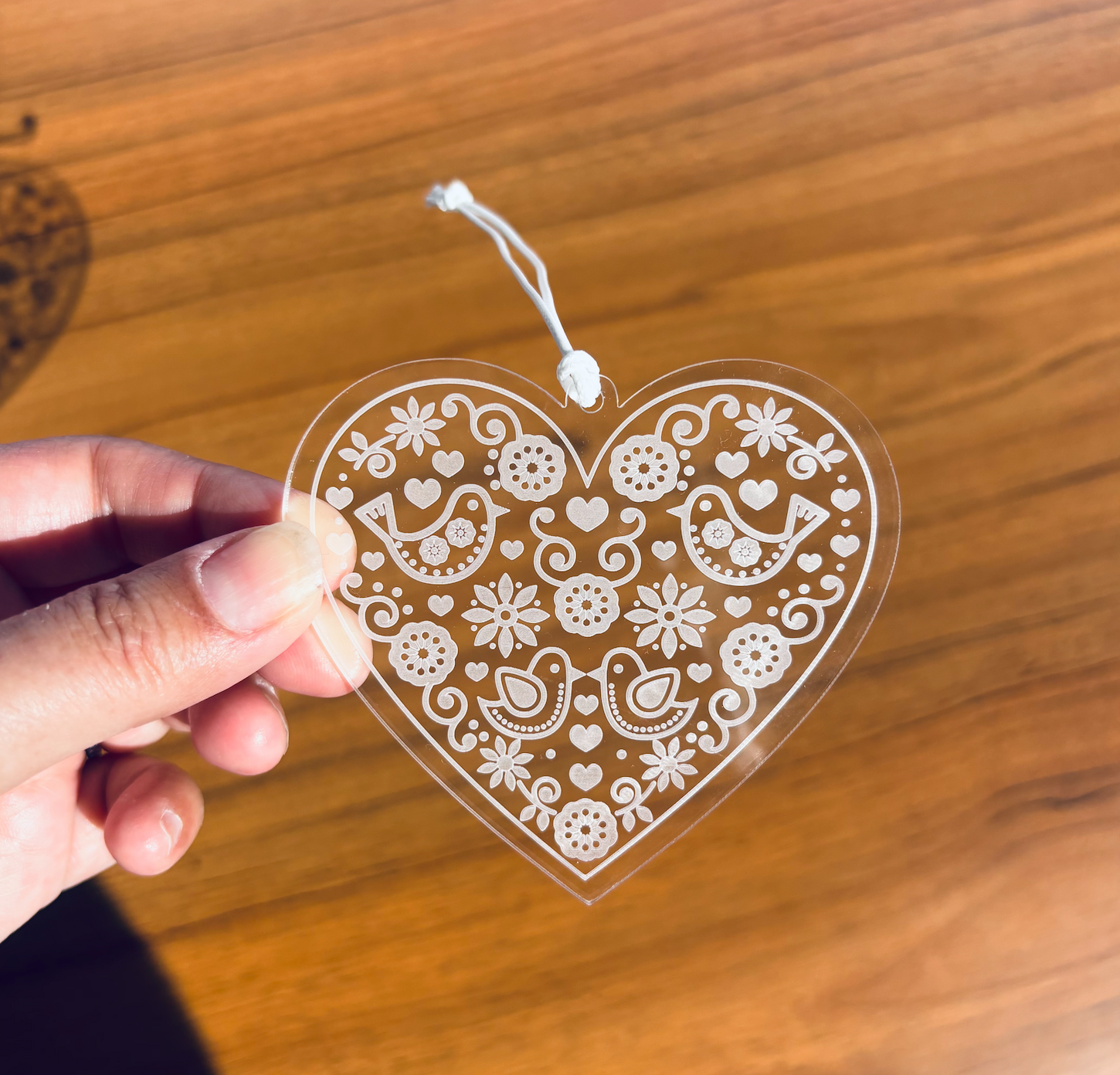 Scandinavian Hearts – wholesale Ornament – Rosemaling Clear Acrylic Laser Cut Hanging Heart Decor6