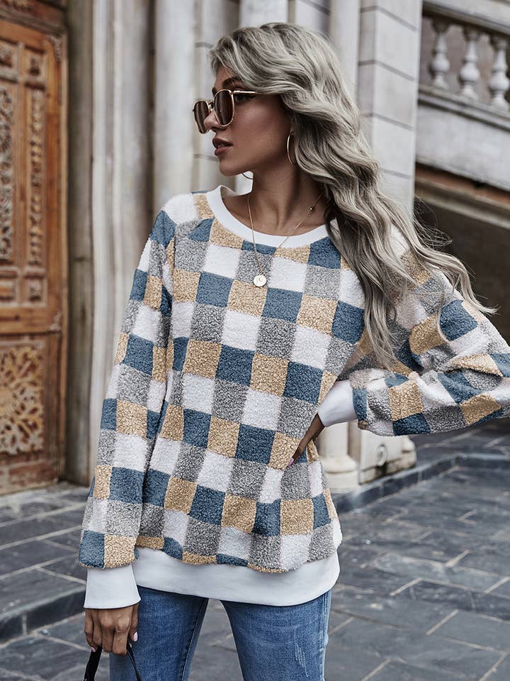 Maglione Teddy Con Borsone A Spalle Scoperte Con Motivo Scozzese per la vendita all'ingrosso da parte di KAYAN.L