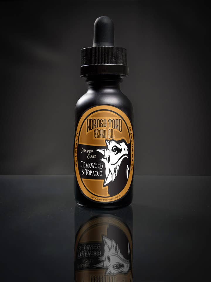 Teakwood and Tobacco Beard Oil for wholesale by Horned Toad Beard Co.