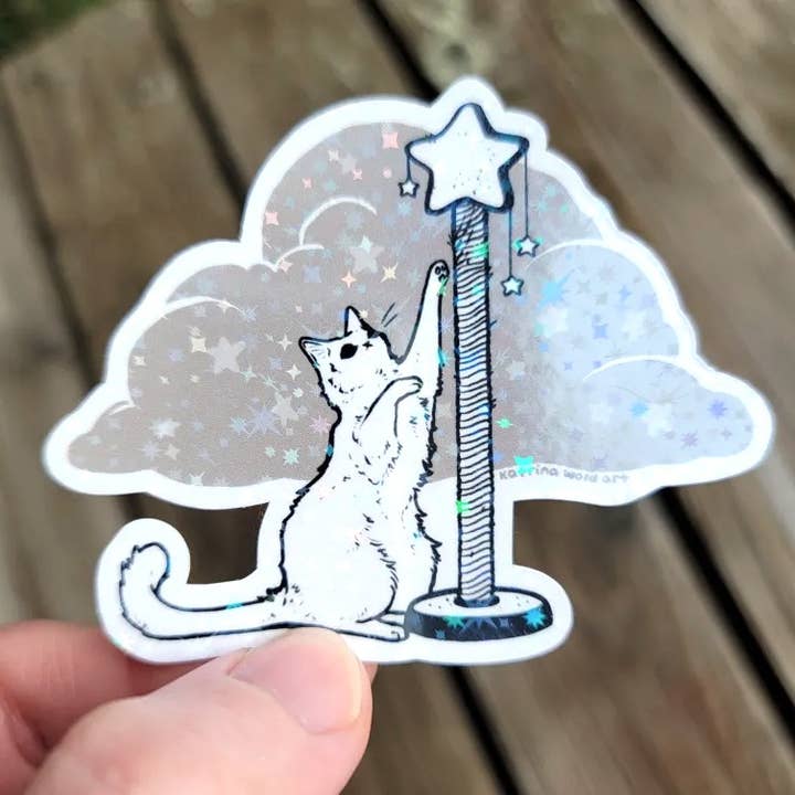 Reach for the Stars Cat Vinyl Sticker for wholesale by Katrina Wold Art