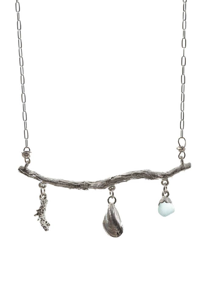 Beachcomber's Treasures Silver Necklace with Shell, Coral and Sea Glass for wholesale by Silver Coast Designs