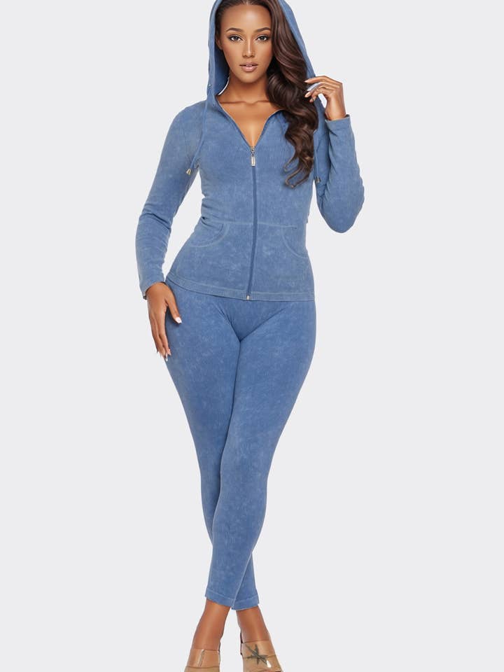 Washed Ribbed Seamless Hoodie Set for wholesale by J2 FASHION