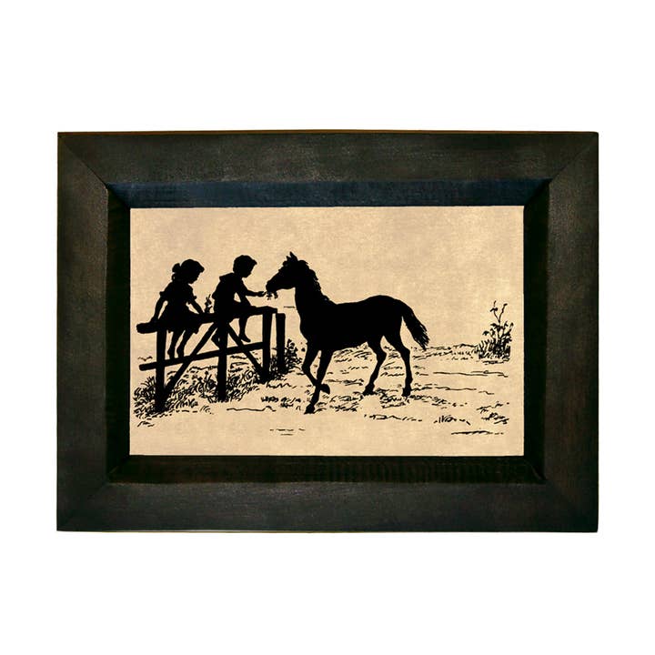 Pony w/ Children on Fence Printed Vintage Silhouette, 4” x 6” for wholesale by Madison Bay Co. - Historical Home Decor Reproductions