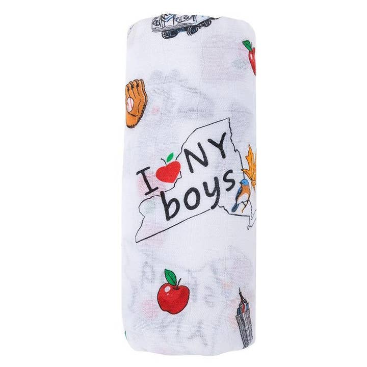 New York Baby Boy Muslin Swaddle Receiving Blanket for wholesale by Little Hometown