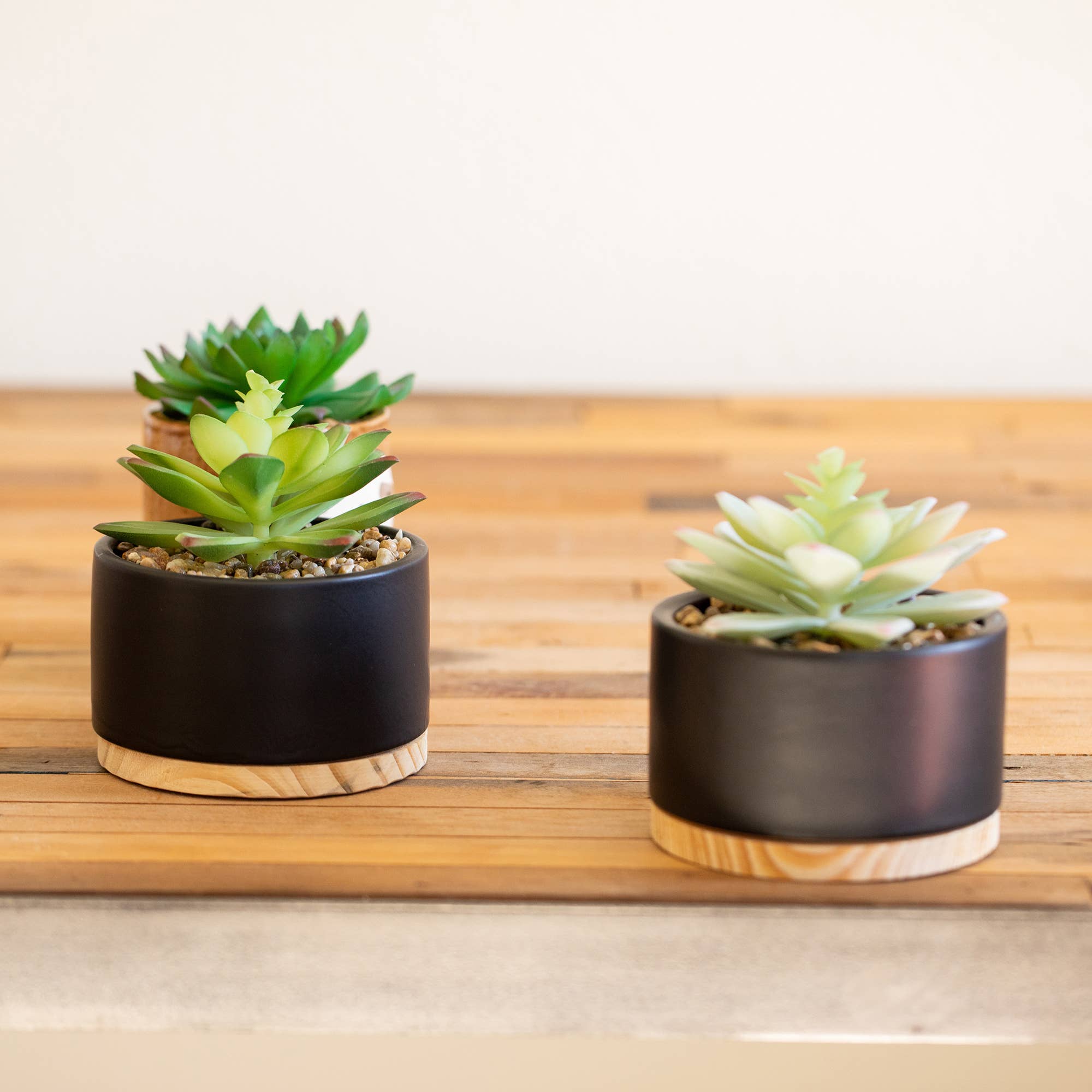 Flora Bunda Inc - Wholesale Artificial Plant - Set of 2 Faux Succulents in Ceramic & Wood Pots2
