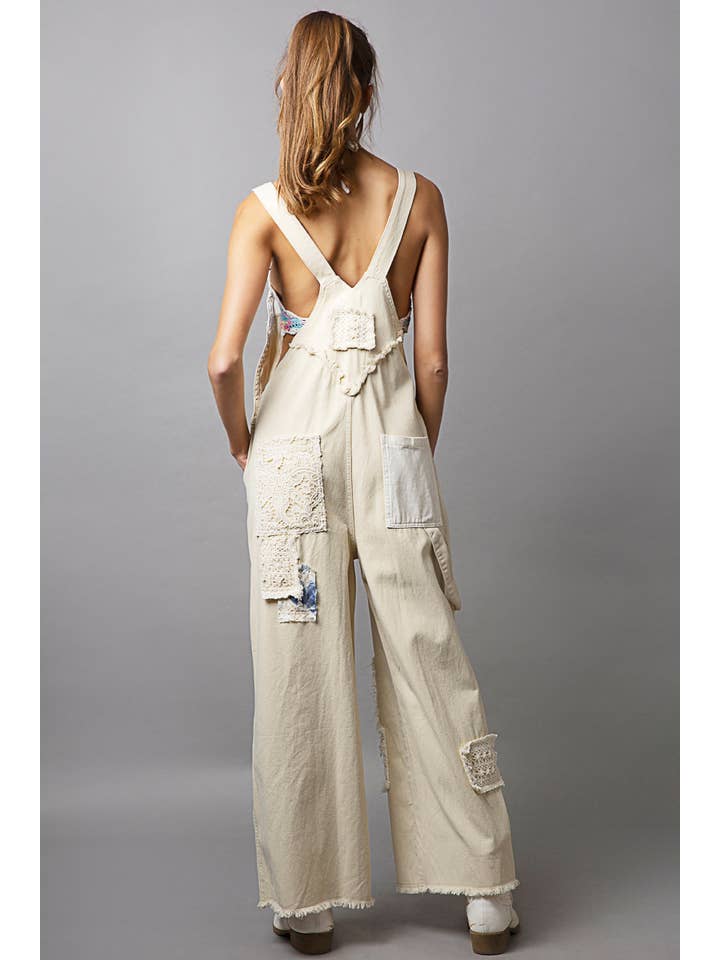 Pol Clothing - Wholesale Overalls - Women's - Crochet patchwork detail casual denim overalls