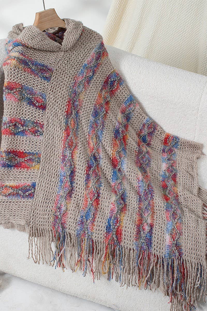 NINEXIS - Wholesale Knit Sweater - Women's - CWOSWS0091_STRIPED HOODED KNITTED FRINGED CAPE SHAWL9