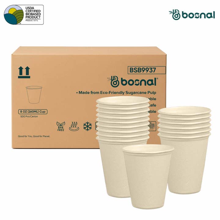 BOSNAL 8 OZ Compostable Cups – Case of 20 (500 Pcs) for wholesale by Bosnal