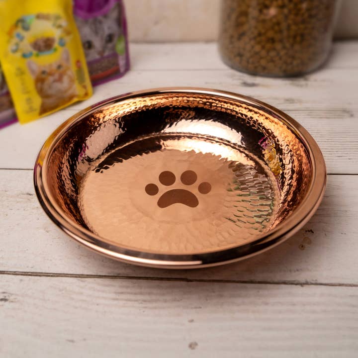 Handcrafted Hammered Copper Cat Bowl – Luxury Pet Dish with Engraved Paw Print Design for wholesale by ALFIQ Copper
