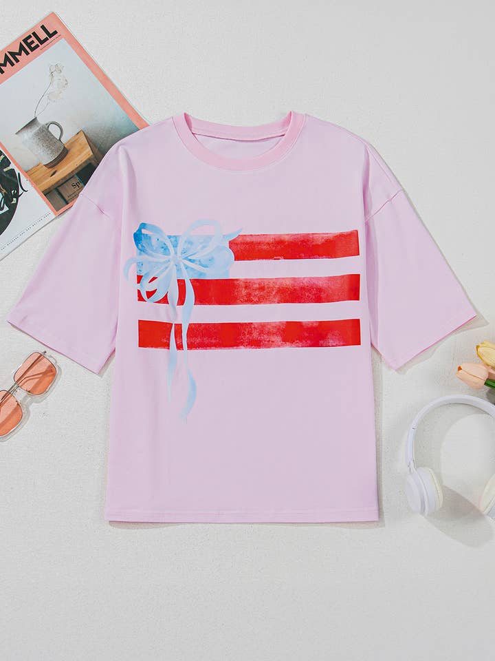 Aapparella - Wholesale Screen Printed T-Shirt - Women's - Flag Bow Patch Graphic Short Sleeve Tee | S-XL