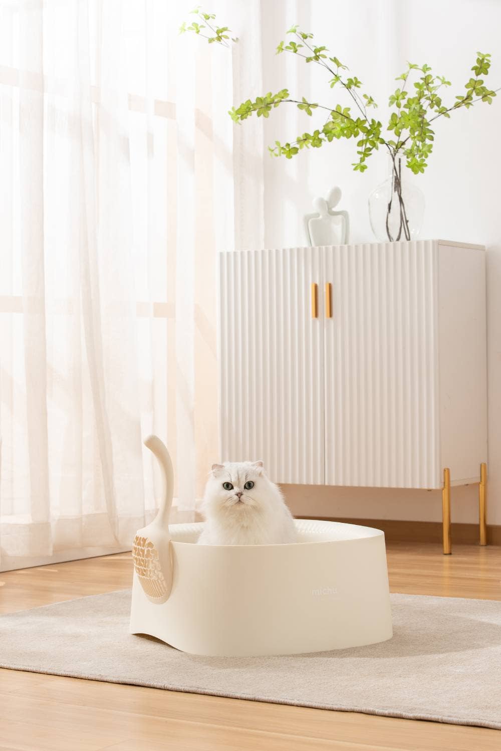 MichuPet - Vente Bac à litière – chat - MichuPet Bac à litière ouvert crème et blanc à bords hauts13