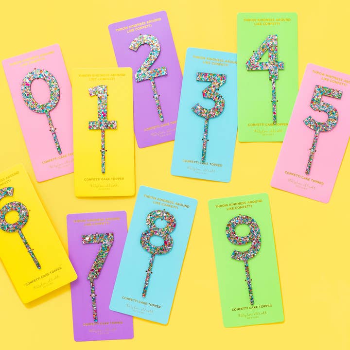 Colorful Confetti Cake Toppers Num 0-9 - Min. 1 (CTOP-ASST-#) for wholesale by Taylor Elliott Designs