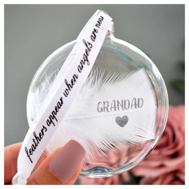 GRANDAD Memory Bauble Glass Round. Real White Feather for wholesale by Amaya Rose Ltd.