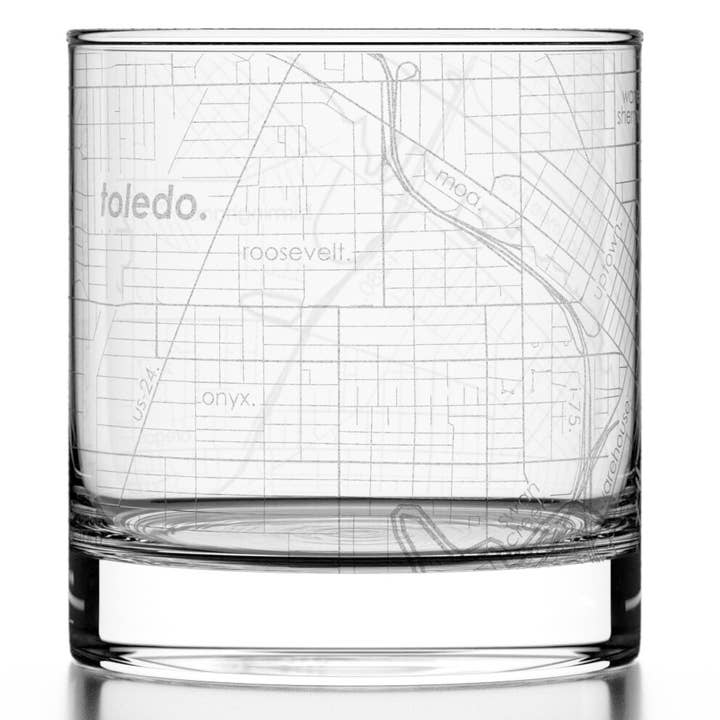 Well Told - Wholesale Cocktail/Liquor Glass - Toledo, OH City Map - Etched Whiskey Rocks Glass