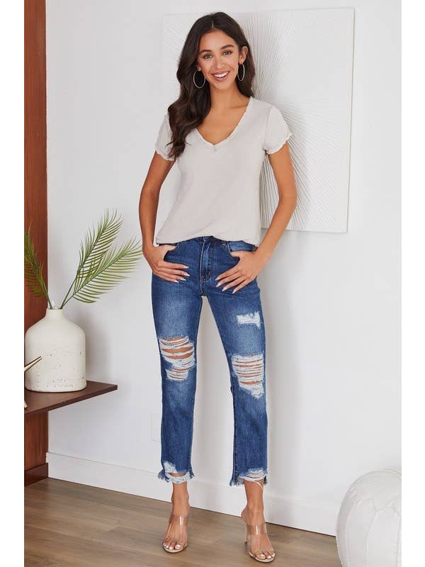 VENTI6 - Wholesale Jeans - Women's - DISTRESSED HEM DENIM PANTS W/RIPPED KNEES(H9616-DENIM BLUE)3