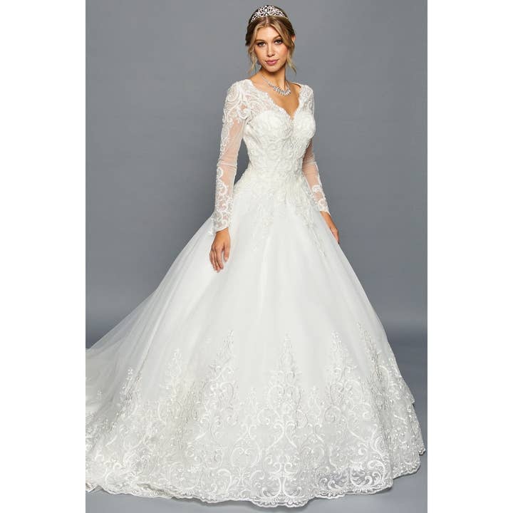 Vestido de Noiva em Linha A com Decote em V e Manga Comprida por atacado de Babyfox Apparel