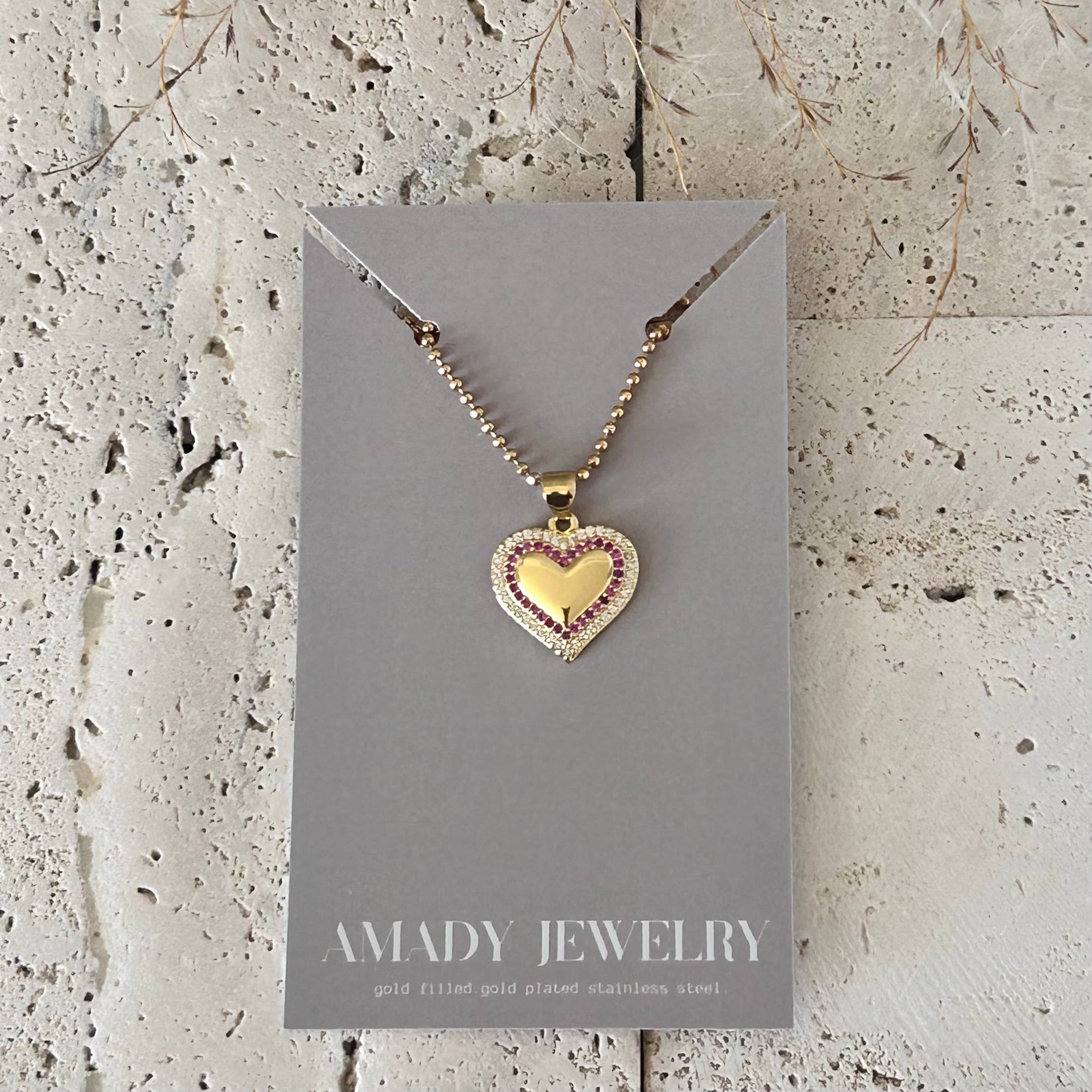 Amady Jewelry - Vendita all'ingrosso Collana con ciondolo/pendaglio - Collana con ciondolo a cuore piccolo pavé e catena di perline di vetro rosa.7