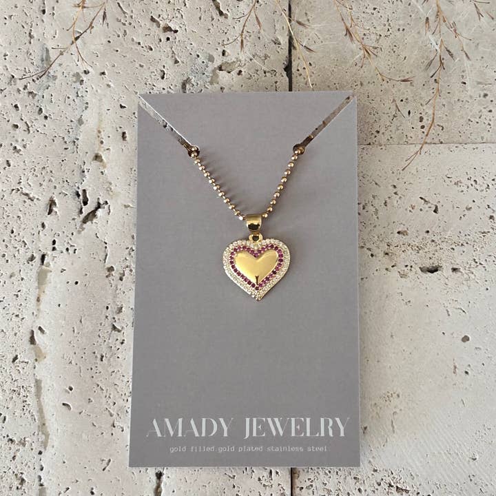 Amady Jewelry - Vendita all'ingrosso Collana con ciondolo/pendaglio - Collana con ciondolo a cuore piccolo pavé e catena di perline di vetro rosa.7