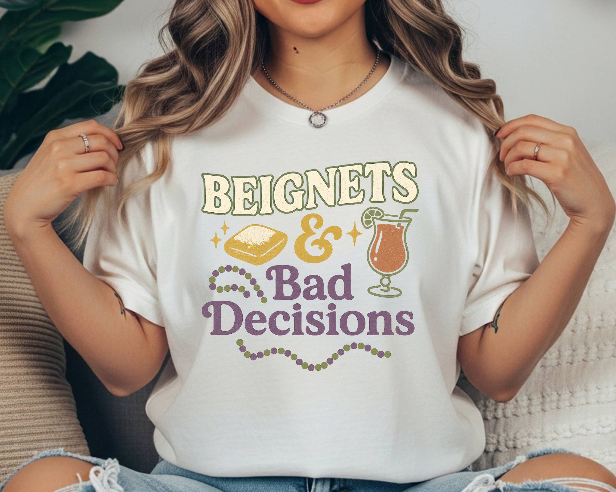 Pressed in Chaos - Wholesale Screen Printed T-Shirt - Women's - Beignets & Bad Decisions Comfort Colors Tee | Mardi Gras Shirt